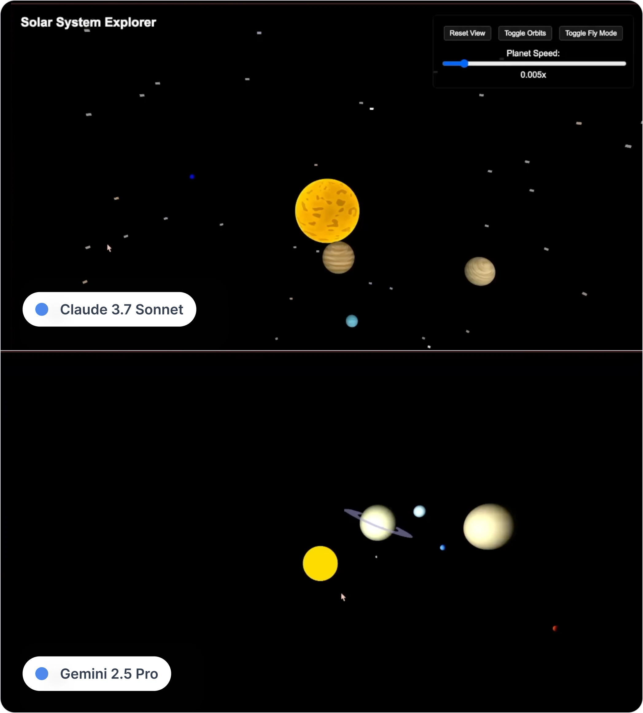 Claude 3.7 vs. Gemini 2.5 Pro Planets